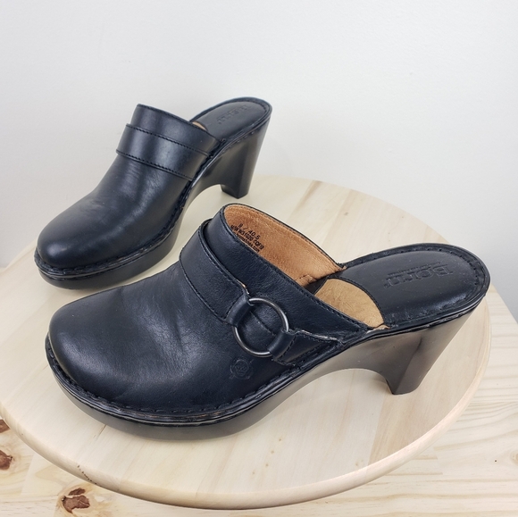Born Clogs Mules Size 9 Black Leather Wedge Heel Mules Comfort Casual Bohemian - Picture 8 of 13